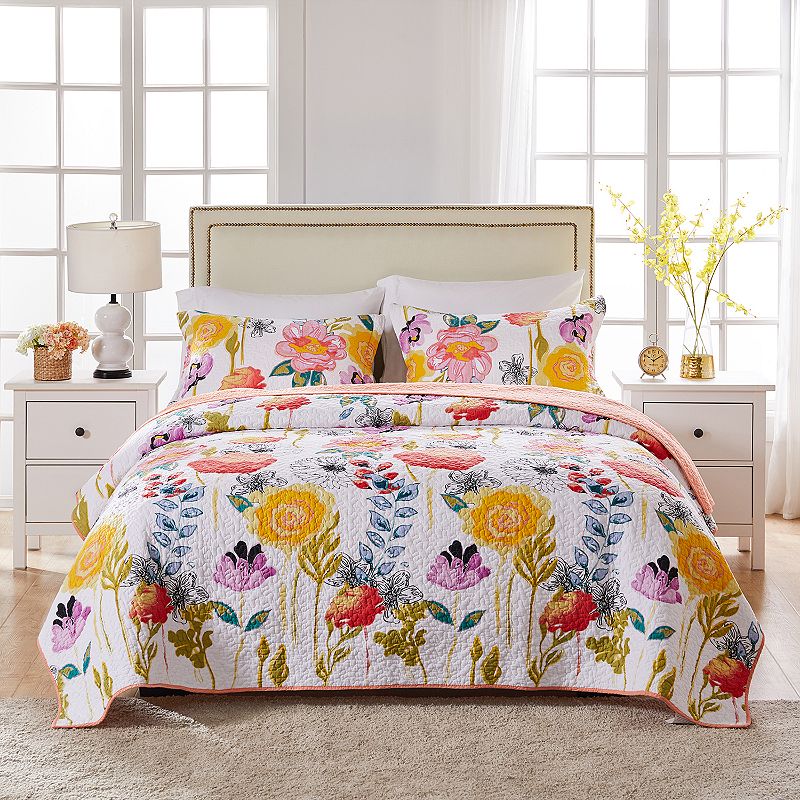 Greenland Home Fashions 3pc Full/Queen Watercolor Dream Quilt & Sham Set Pink/Orange/White: Cotton Microfiber Coverlet Set