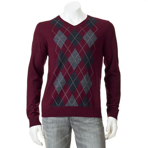 Big Tall Apt. 9 Modern Fit Argyle Merino V Neck Sweater