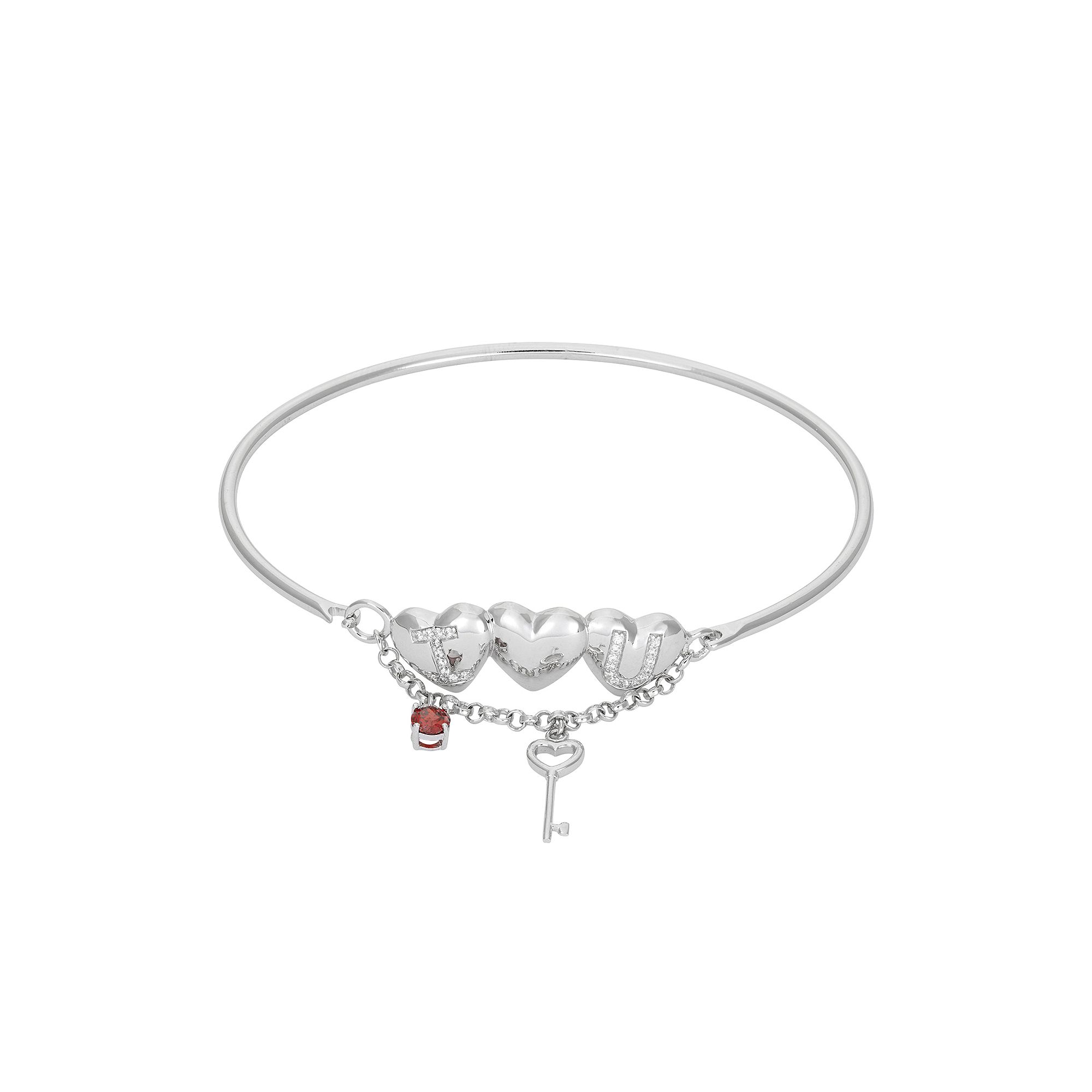 Cubic Zirconia Sterling Silver Heart & Key Charm Bangle Bracelet, Womens,