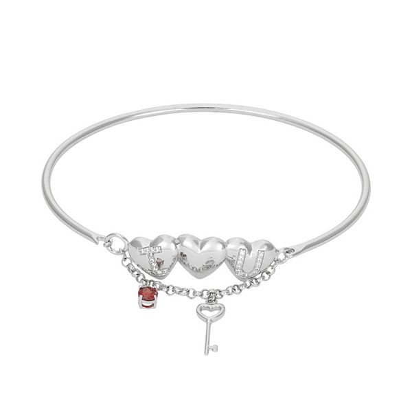 Cubic Zirconia Sterling Silver Heart & Key Charm Bangle Bracelet