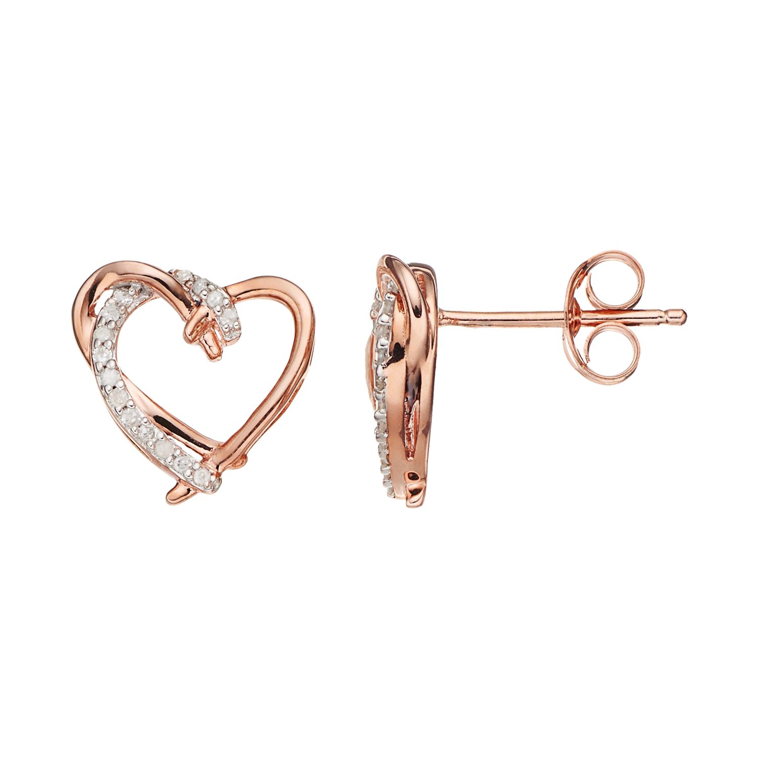 14k Rose Gold Over Silver 1 10 Carat T W Diamond Heart Stud