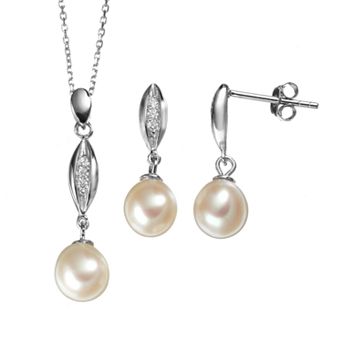 Freshwater Cultured Pearl & Cubic Zirconia Sterling Silver Pendant Necklace & Drop Earring Set