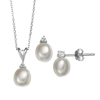 Freshwater Cultured Pearl & Cubic Zirconia Sterling Silver Pendant Necklace & Drop Earring Set
