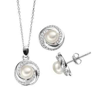 Freshwater Cultured Pearl & Cubic Zirconia Sterling Silver Halo Pendant Necklace & Button Stud Earring Set