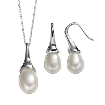 Freshwater Cultured Pearl Sterling Silver Pendant Necklace & Drop Earring Set