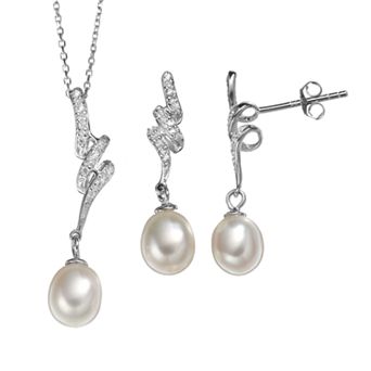 Freshwater Cultured Pearl & Cubic Zirconia Sterling Silver Twist Pendant Necklace & Drop Earring Set