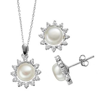 Freshwater Cultured Pearl & Cubic Zirconia Sterling Silver Flower Pendant Necklace & Button Stud Earring Set