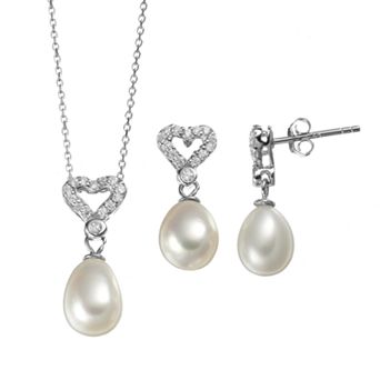 Freshwater Cultured Pearl & Cubic Zirconia Sterling Silver Heart Pendant Necklace & Drop Earring Set