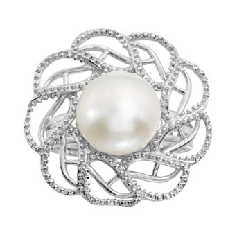 Freshwater Cultured Pearl Sterling Silver Openwork Flower Ring