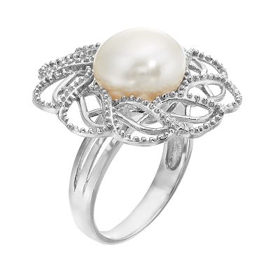 Freshwater Cultured Pearl Sterling Silver Openwork Flower Ring
