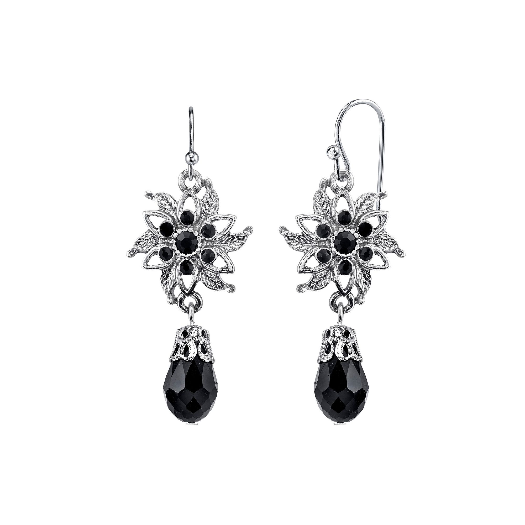 1928 Bead Flower Drop Earrings, Womens, Black