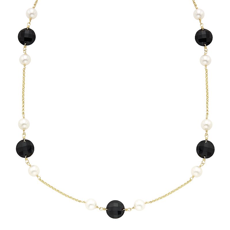 14k Gold Onyx & Freshwater Cultured Pearl Station Necklace, Womens, Size: