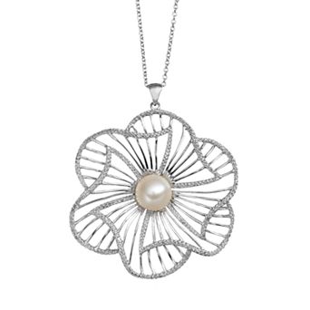 Freshwater Cultured Pearl Sterling Silver Flower Pendant Necklace