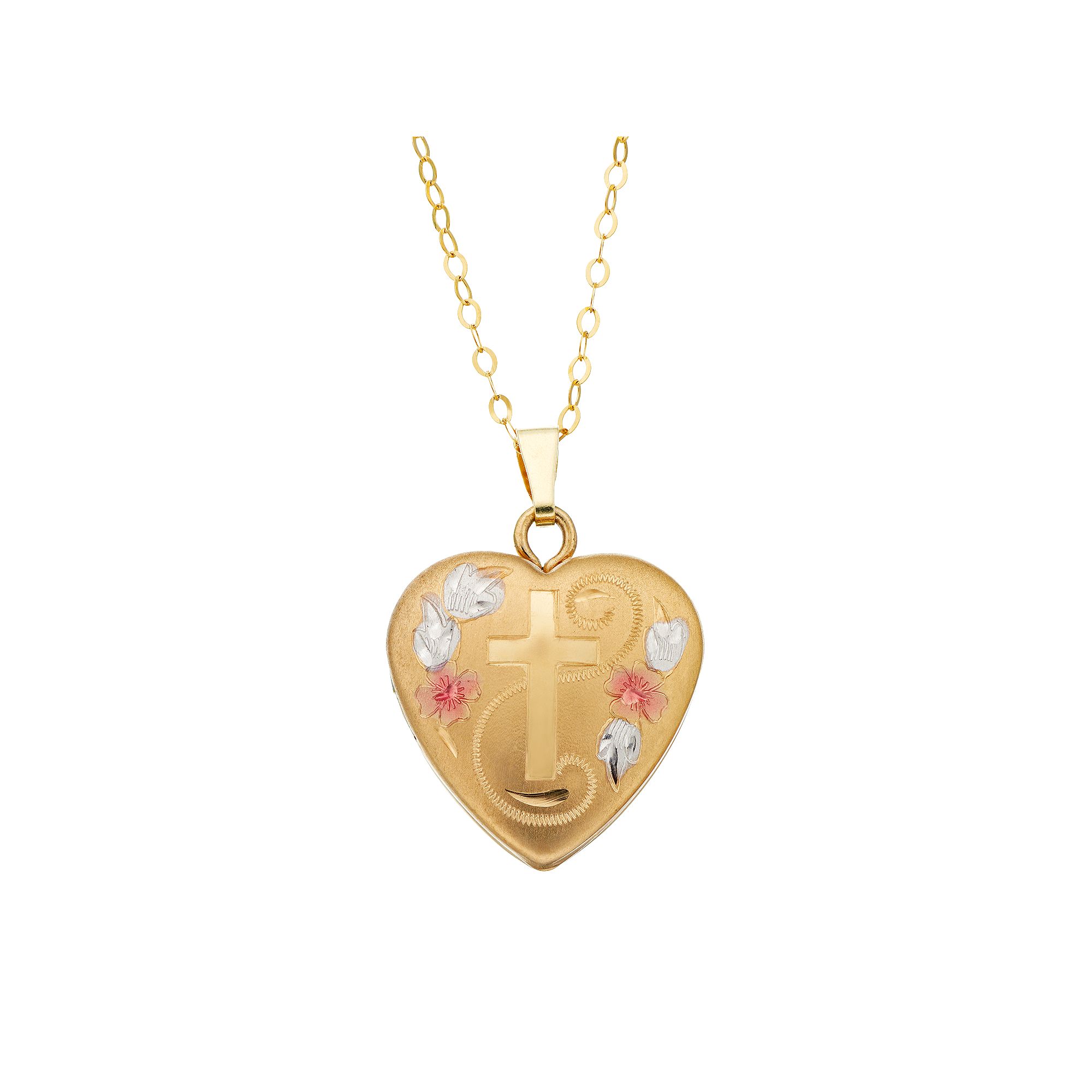 Charming Girl Kids 14K Gold Filled Tri-Tone Heart & Cross Locket Necklace,