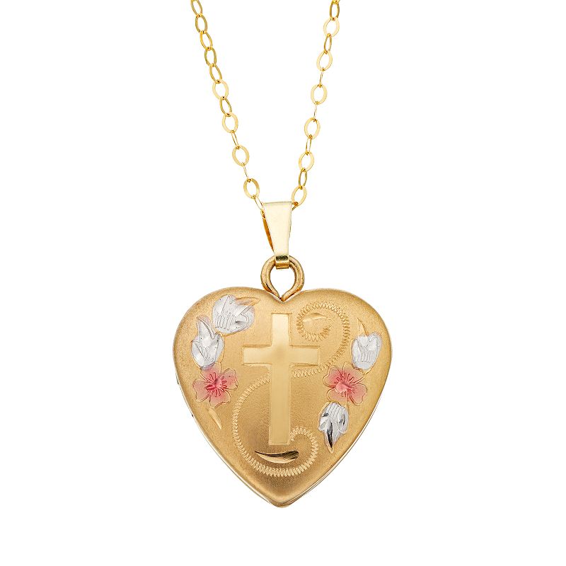 Charming Girl Kids 14K Gold Filled Tri-Tone Heart & Cross Locket Necklace,