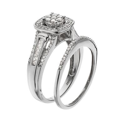 Always Yours Sterling Silver 1/2 Carat T.W. Diamond Square Halo Engagement Ring Set