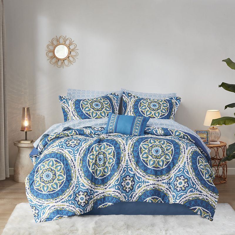 Madison Park Essentials Orissa Comforter Set with Cotton Sheets, Blue, Twin