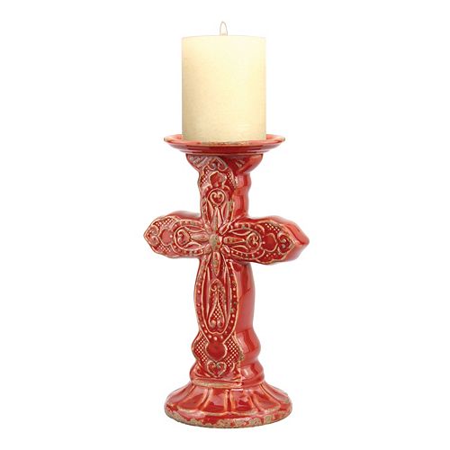 Stonebriar Collection Cross Red Pillar Candleholder