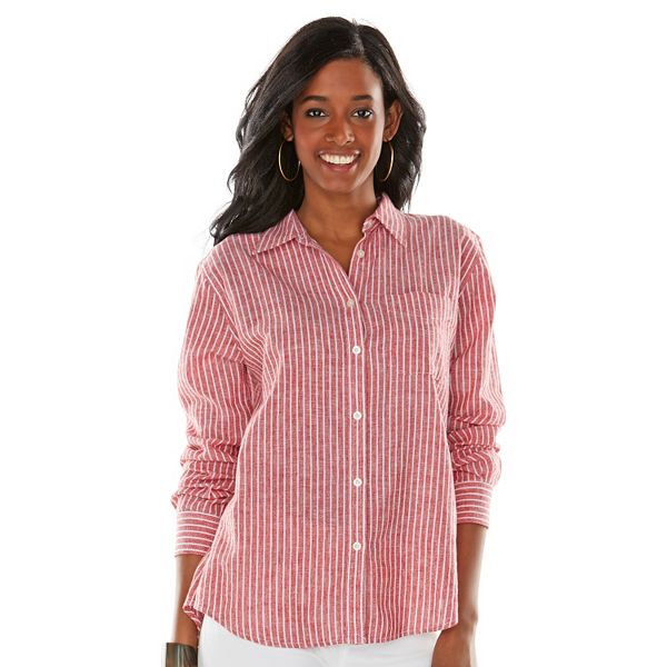 Chaps Striped Linen-Blend Shirt - Women's