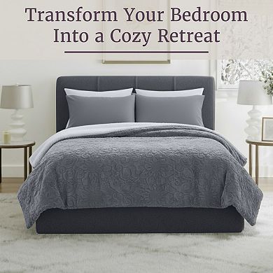 Portsmouth Home Etched Floral Fleece and Sherpa Blanket