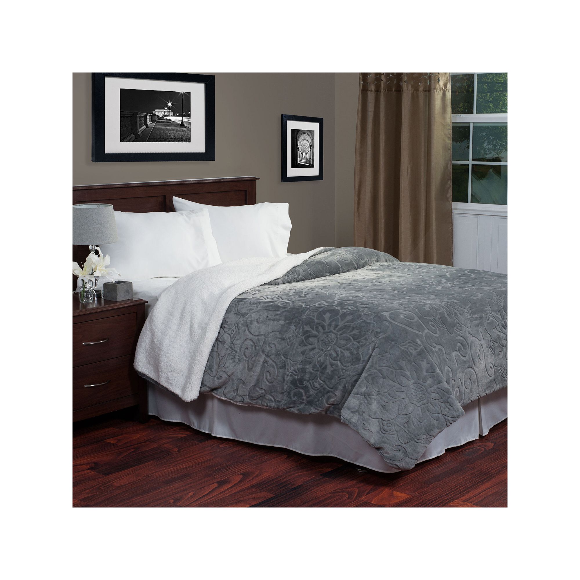 Portsmouth Home Etched Floral Fleece and Sherpa Blanket, Gray