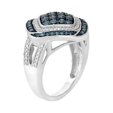 Jewelexcess 1 Carat T.W. Blue & White Diamond Sterling Silver Square Ring