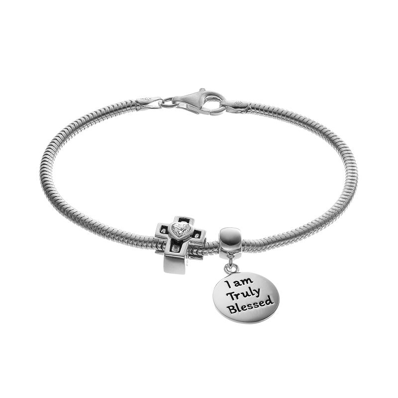 Individuality Beads Cubic Zirconia Sterling Silver Snake Chain Bracelet, 