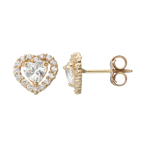 Kids' Cubic Zirconia 14k Gold Heart Halo Stud Earrings