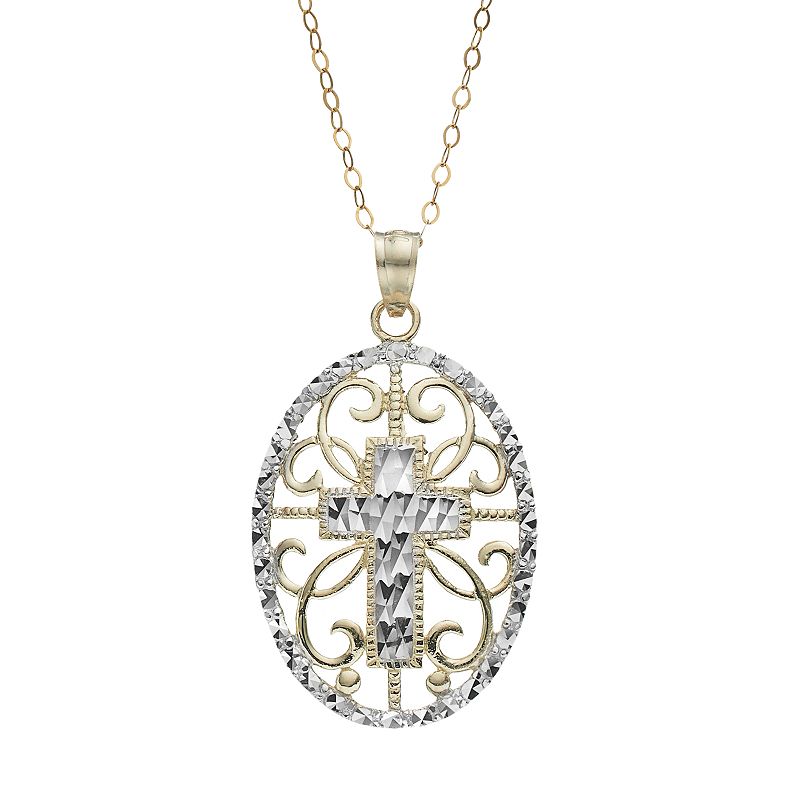 10k Gold Filigree Oval Cross Pendant Necklace, Womens