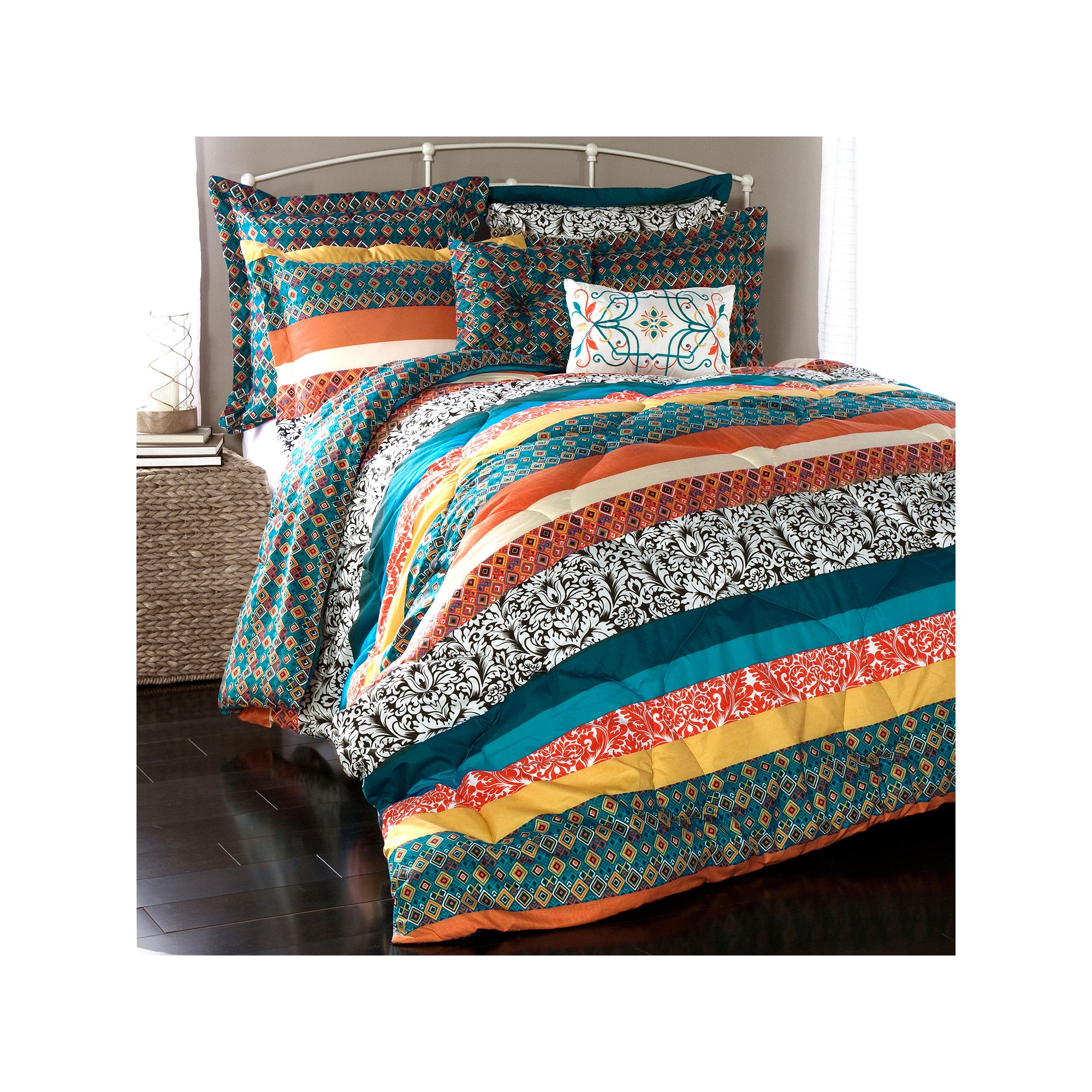 Lush Decor Boho Stripe Comforter Set, Orange Teal Stripe
