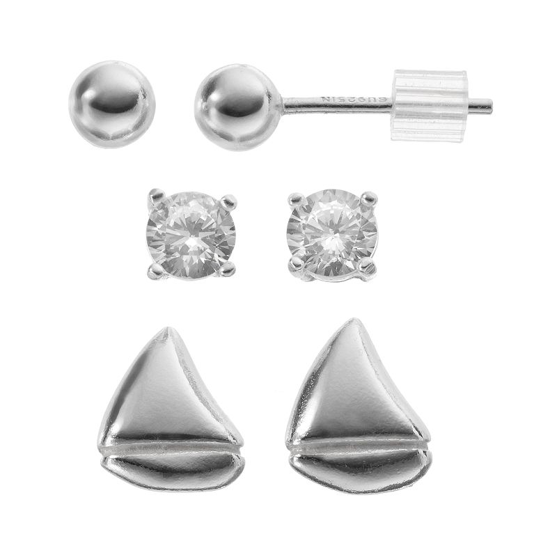 Cubic Zirconia Sterling Silver Sailboat & Ball Stud Earring Set, Womens, G