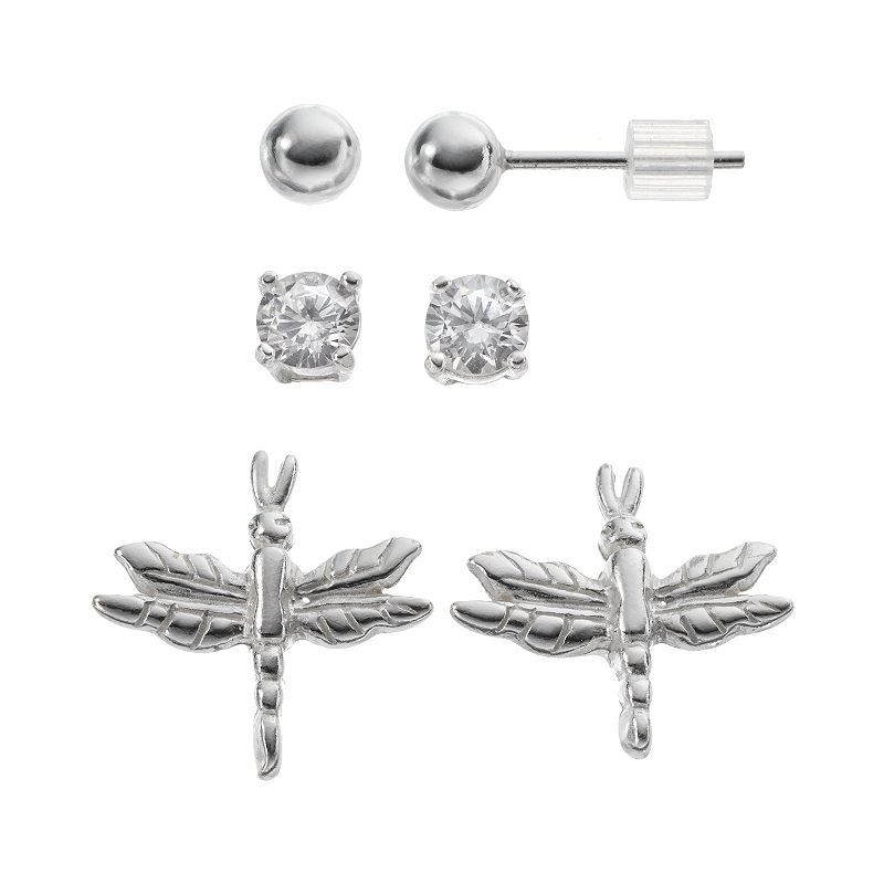 Cubic Zirconia Sterling Silver Dragonfly & Ball Stud Earring Set, Womens, 