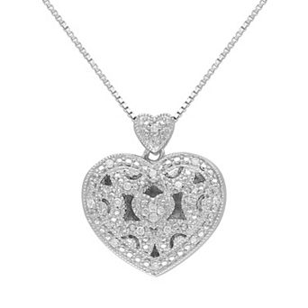 Stella Grace Diamond Accent Sterling Silver Filigree Heart Locket Necklace