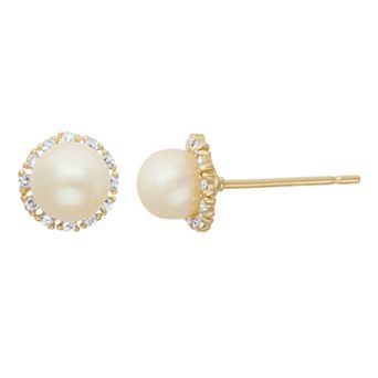 Junior Jewels Kids Freshwater Cultured Pearl & Cubic Zirconia 14k Gold Halo Stud Earrings