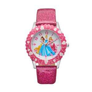 Disney Princess Kids' Cinderella, Belle & Aurora Leather Time Teacher Watch