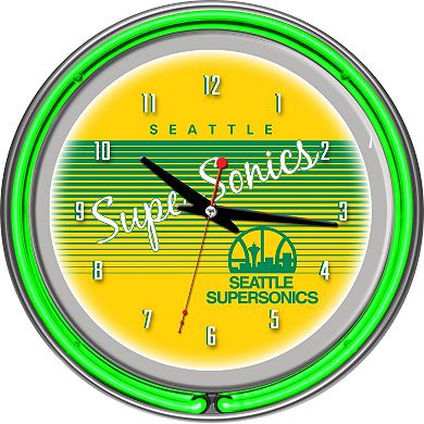 Seattle Super Sonics Hardwood Classics Chrome Double-Ring Neon Wall Clock
