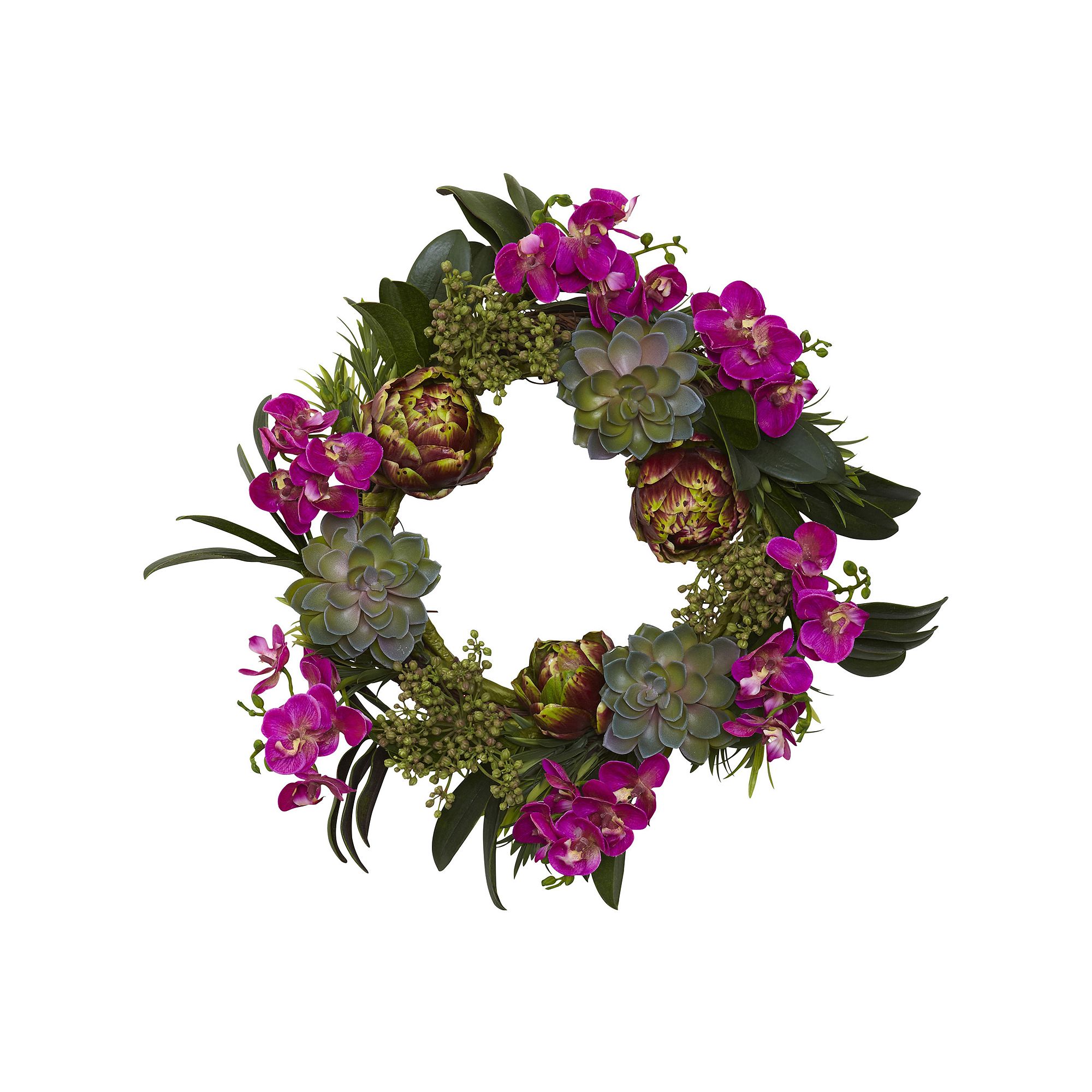 nearly natural 20-in. Orchid, Artichoke & Succulent Wreath, Pink
