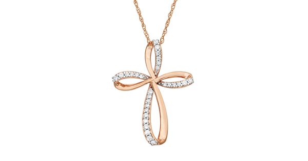 1/6 Carat T.W. Diamond 10k Rose Gold Ribbon Cross Pendant Necklace