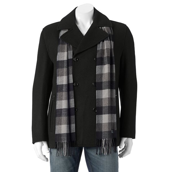 Men s Towne Wool Blend Double Breasted Peacoat With Plaid Scarf