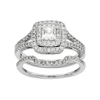 IGL Certified Diamond Square Halo Engagement Ring Set in 14k White Gold ...