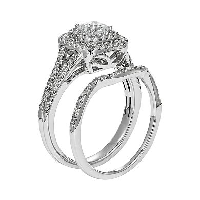 IGL Certified Diamond Square Halo Engagement Ring Set in 14k White Gold (1 Carat T.W.)