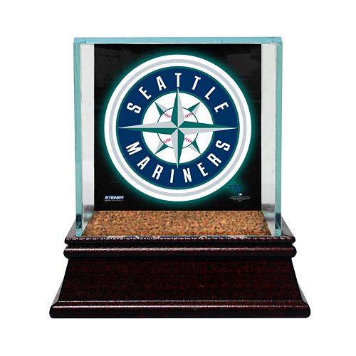 Steiner Sports Glass Single Baseball Display Case with Seattle Mariners Logo Background and Authentic Field Dirt