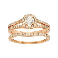 IGL Certified Diamond Halo Engagement Ring Set in 14k Rose Gold (1 Carat T.W.)
