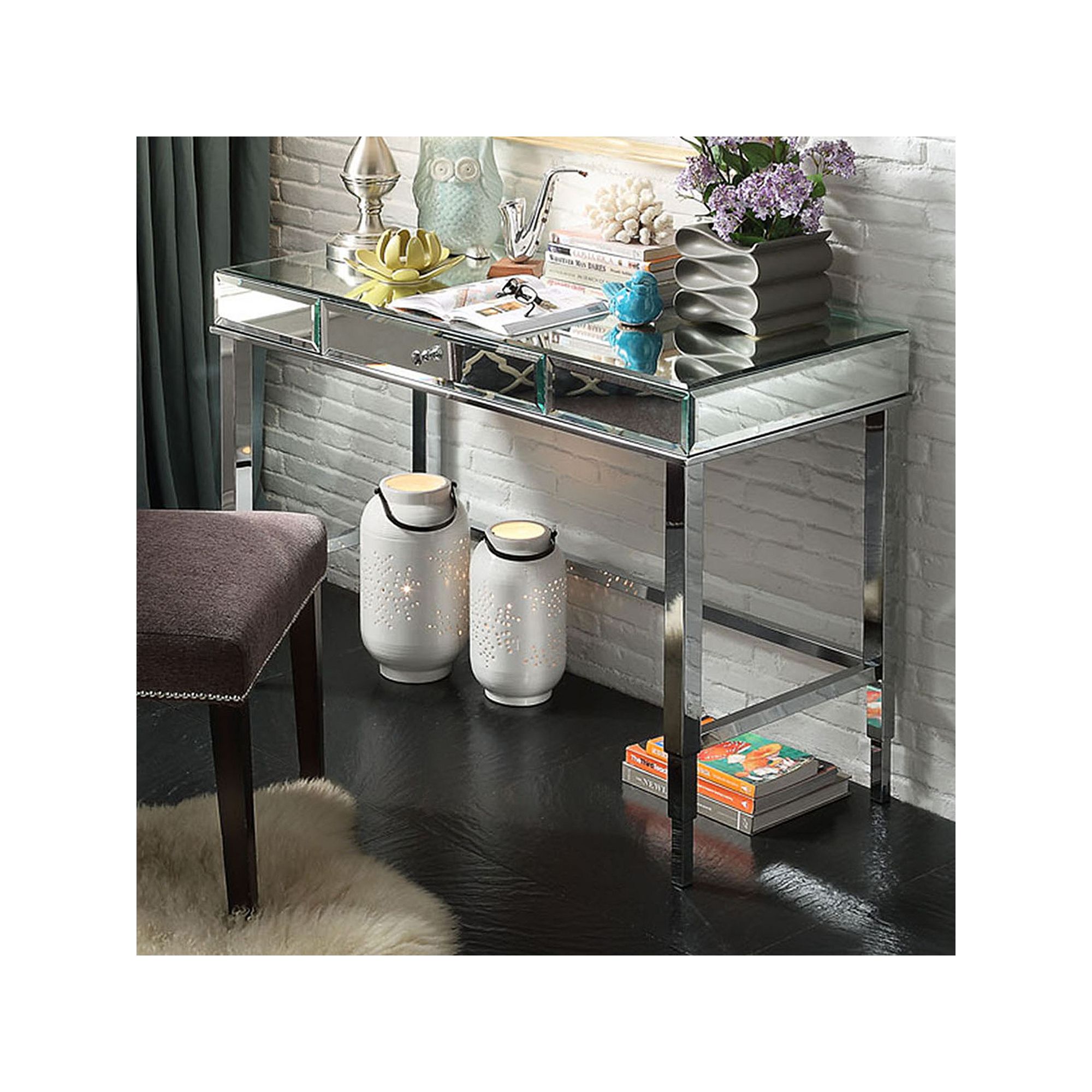 HomeVance Eleos Metal Mirrored Desk, Grey