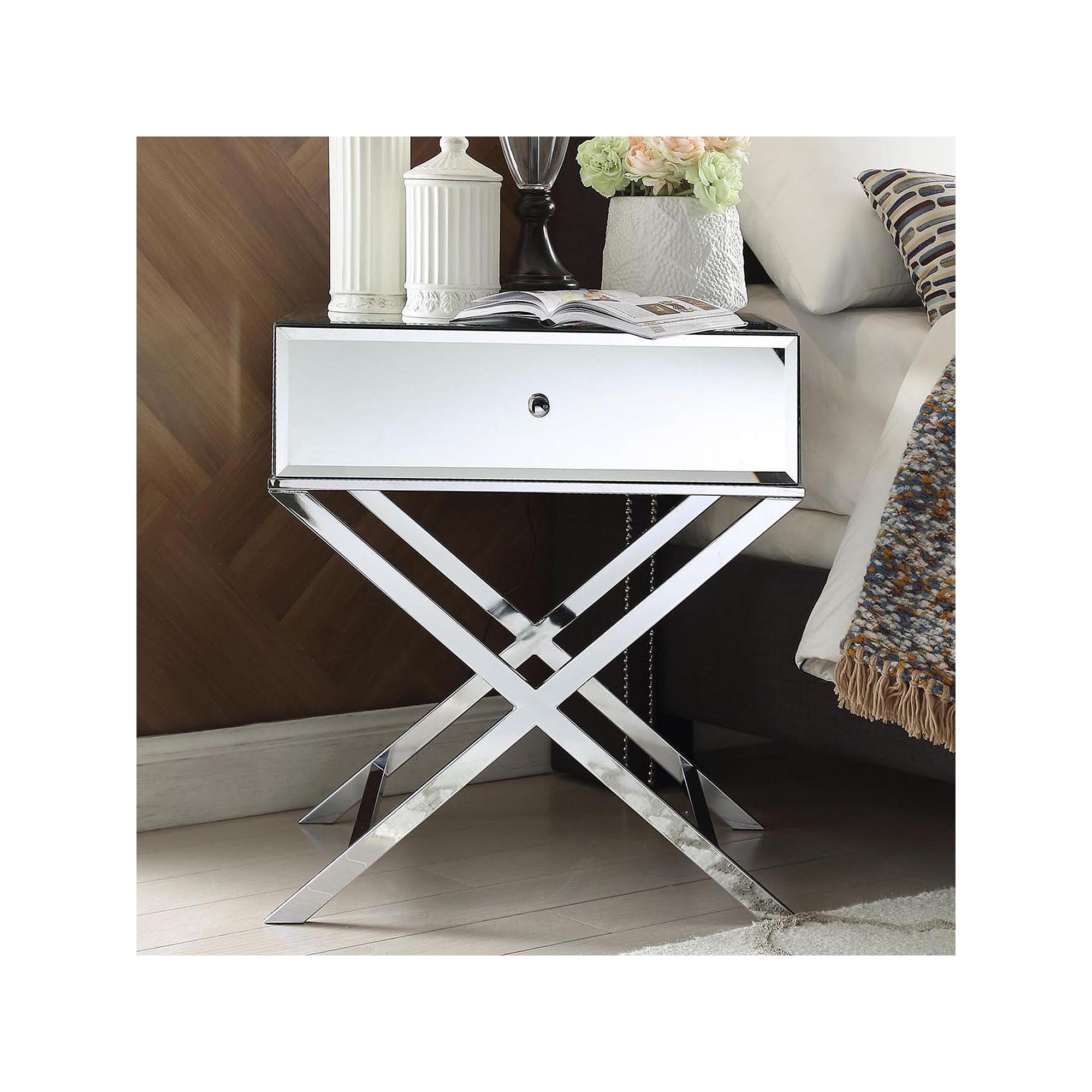 HomeVance Eleos Mirrored Silver Tone Campaign Accent Table, Grey