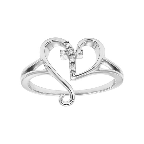 Diamond Accent Sterling Silver Heart & Cross Ring