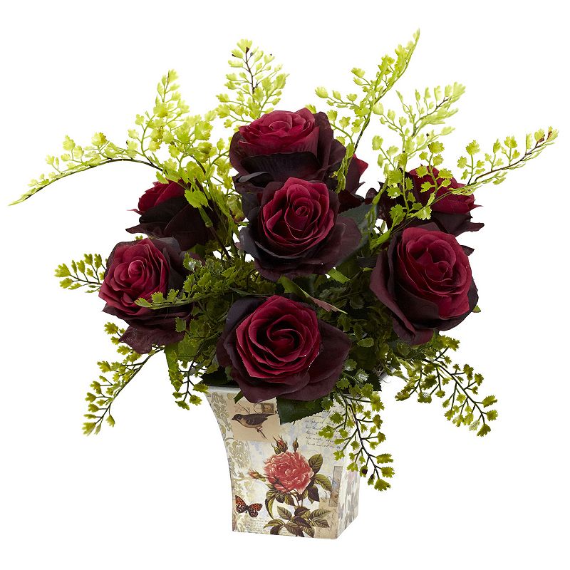 nearly natural Rose & Maiden Hair Floral Planter, Red