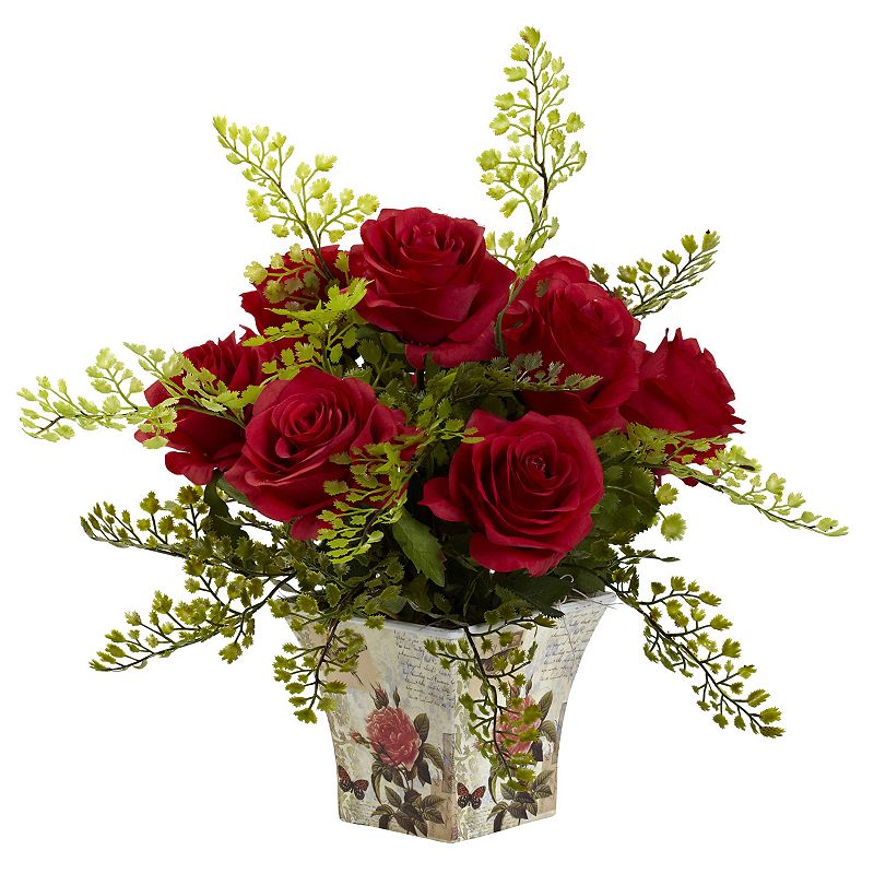 nearly natural Rose & Maiden Hair Floral Planter, Red