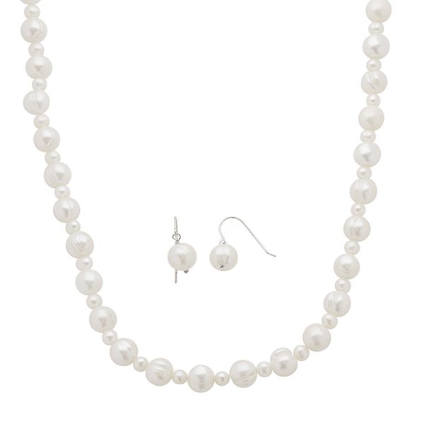 Sterling Silver Freshwater Cultured Pearl Necklace & Drop Earring Set