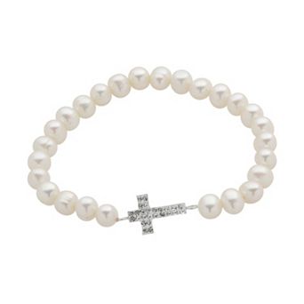 PearLustre by Imperial Sterling Silver Freshwater Cultured Pearl and Crystal Stretch Bracelet